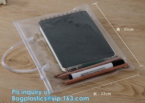 tirador de la cremallera del pvc para empaquetar las bolsas de asas claras plásticas de la cremallera del pvc del bolso del pvc, bolsos de lazo del vinilo del pvc, eco-fri no tóxico