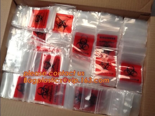 Bolso con la cremallera, bolso plástico de la cerradura de la cremallera del biohazard, bolso del Biohazard del PE de la cremallera del canguro con el bolsillo hecho en China, bolsos de prueba