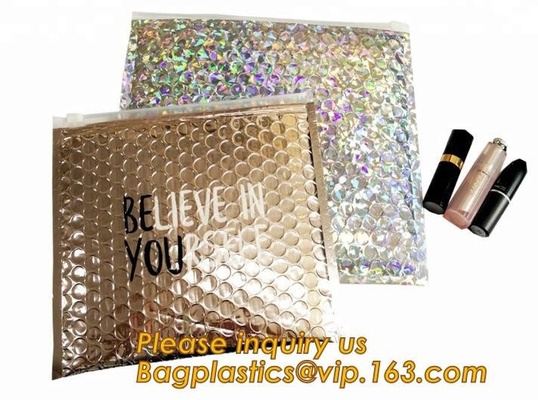 El resbalador rosado cosmético rellenó el bolso/el bolso de plata de Zip lockkk con la burbuja, papel de aluminio barato de los sobres acolchados Zip lockkk olográfico