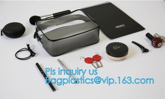 Bolso cosmético del bolso de la bolsa de la cremallera del tenedor del bolso del lavado del viaje del PVC del claro grande del maquillaje, maquillaje plástico transparente del pvc de la cremallera