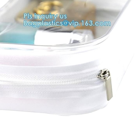 el bolso claro con la cremallera, bolso cosmético transparente de la manija, Zip lockkk del pvc de la manija de la cuerda del logotipo del cusotm compone el bolso del viaje, organiza