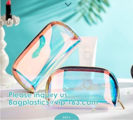 Bolso cosmético del viaje olográfico de la belleza de Eco, bolso cosmético de las mujeres transparentes claras olográficas del laser del PVC del bolso del maquillaje práctico