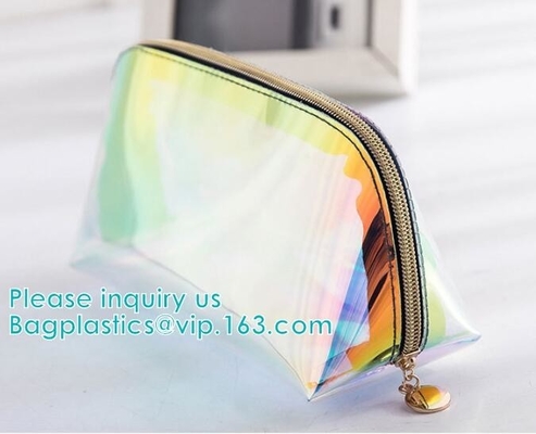 Bolso cosmético del viaje olográfico de la belleza de Eco, bolso cosmético de las mujeres transparentes claras olográficas del laser del PVC del bolso del maquillaje práctico