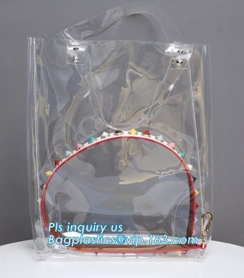 el PE de la manija del remiendo cortó bolsos de plástico transparente con tintas grandes con su propio logotipo, la bolsa de asas del pvc con la mano de cuero del PVC de la bolsa de asas de las manijas