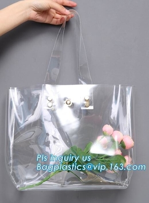 el PE de la manija del remiendo cortó bolsos de plástico transparente con tintas grandes con su propio logotipo, la bolsa de asas del pvc con la mano de cuero del PVC de la bolsa de asas de las manijas