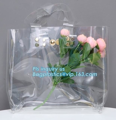 el PE de la manija del remiendo cortó bolsos de plástico transparente con tintas grandes con su propio logotipo, la bolsa de asas del pvc con la mano de cuero del PVC de la bolsa de asas de las manijas