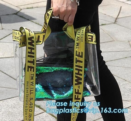 Los bolsos transparentes metálicos al por mayor para el verano, bolsos de los bolsos de la playa del PVC fijaron las bolsas de asas en blanco, paquete, pac