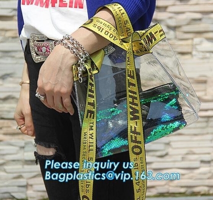 Los bolsos transparentes metálicos al por mayor para el verano, bolsos de los bolsos de la playa del PVC fijaron las bolsas de asas en blanco, paquete, pac