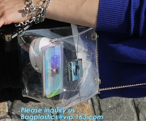 El bolso cruzado de cadena olográfico del embrague de la bolsa para transportar cadáveres del PVC del laser de las mujeres, mujeres impermeabiliza seguridad para llevar a hombros vagos claros del totalizador