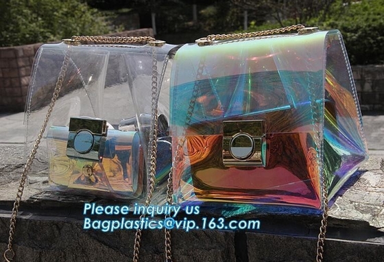 bolso de cadena claro del pvc del hombro para los bolsos de los monederos, bolsos transparentes metálicos de los bolsos de la playa del PVC, CRO (coordinadora) de cadena