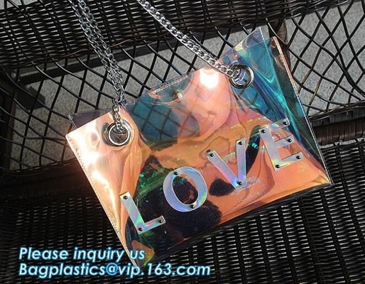 la bolsa de asas plástica clara del PVC del bolso de las mujeres del bolso de lujo de la cadena, bolso del PVC de Tote Bag Clear Shoulder con la cremallera, pac, vagos