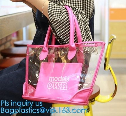 Bolso de totalizador del PVC para el trabajo y escuela, bolso de la manija con la bolsa de asas clara impermeable larga del pvc de la correa de hombro, mujeres del PVC