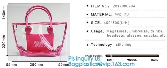 Bolso de totalizador del PVC para el trabajo y escuela, bolso de la manija con la bolsa de asas clara impermeable larga del pvc de la correa de hombro, mujeres del PVC