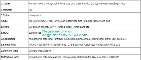 Bolso olográfico de encargo de neón de la playa de la manija del PVC del bolso del PVC Tote Bag del holograma del arco iris, bolsa cosmética del viaje del maquillaje, cremallera
