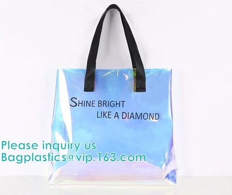 Bolso olográfico de encargo de neón de la playa de la manija del PVC del bolso del PVC Tote Bag del holograma del arco iris, bolsa cosmética del viaje del maquillaje, cremallera