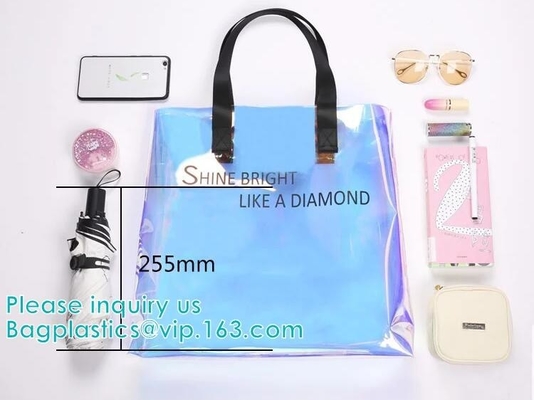 Bolso olográfico de encargo de neón de la playa de la manija del PVC del bolso del PVC Tote Bag del holograma del arco iris, bolsa cosmética del viaje del maquillaje, cremallera