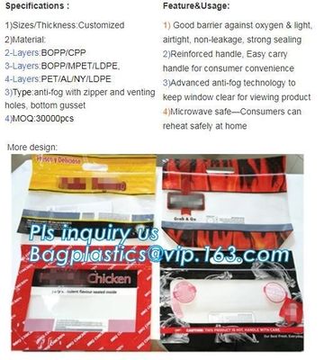 Bolsas de pollo asado biodegradable bolsas de cerradura para llevar paquete de alimentos, bolsas de plástico congelado seguro para microondas bolsas de plástico para el pollo frito