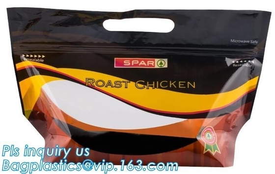 Bolso caliente plástico material del pollo de Resealabele de la niebla anti, bolso de la asación del horno de microondas del animal doméstico de la cremallera de la diapositiva, logotipo PE plástico del OEM