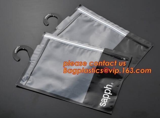 bolso plano de encargo plástico para la ropa, bolso de encargo de la suspensión del bolso del embalaje del pvc Zip lockkk de la suspensión de la moda para los bageas del paquete de la ropa