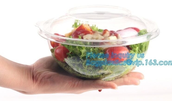 cuenco de ensalada grande disponible redondo claro de fruta del plástico del ANIMAL DOMÉSTICO 1250ml con la taza de empaquetado de la tapa, arco plástico de la ensalada del ANIMAL DOMÉSTICO disponible