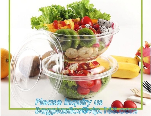 cuenco de ensalada grande disponible redondo claro de fruta del plástico del ANIMAL DOMÉSTICO 1250ml con la taza de empaquetado de la tapa, arco plástico de la ensalada del ANIMAL DOMÉSTICO disponible
