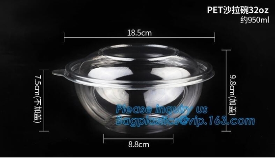 cuenco de ensalada grande disponible redondo claro de fruta del plástico del ANIMAL DOMÉSTICO 1250ml con la taza de empaquetado de la tapa, arco plástico de la ensalada del ANIMAL DOMÉSTICO disponible