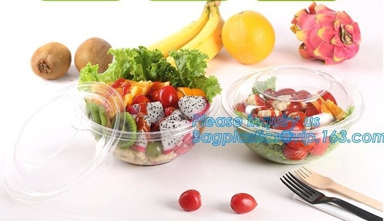 cuenco de ensalada grande disponible redondo claro de fruta del plástico del ANIMAL DOMÉSTICO 1250ml con la taza de empaquetado de la tapa, arco plástico de la ensalada del ANIMAL DOMÉSTICO disponible