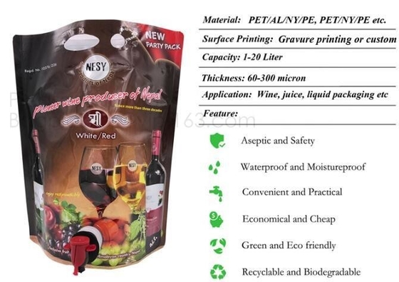 Vino Juice Bag en la caja que empaqueta los bolsos plásticos del vino de 3l 5l 10l, fruta Juice Beverage Syrup Wine Bag en caja con bageas de la válvula