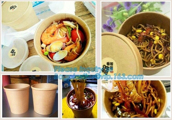 tazas de la sopa del papel con la taza caliente de papel de Kraft de la sopa de las tapas de papel, taza disponible de la sopa del papel de Kraft con la tapa de papel, paquete del bagease