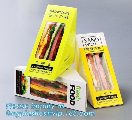 caja con la ventana, caja para empaquetar, caja del bocadillo del papel de Kraft del bocadillo del triángulo de cartón con la hamburguesa clara Sandwic de la ventana