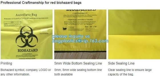 Bolso rojo, bolso médico amarillo de la basura del biohazard, basura médica del biohazard del hospital, la bolsa de poliéster infecciosa apta para el autoclave de la basura