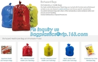 Las bolsas de plástico de basura inútiles médicas coloreadas del biohazard de los bolsos en el rollo con el logotipo amonestador, reciclaje superior plano colorearon biohazar