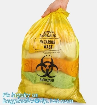 Bolso médico plástico disponible del biohazard del color amarillo de los materiales del HDPE, bolsos aptos para el autoclave del polipropileno con el mensaje, pac