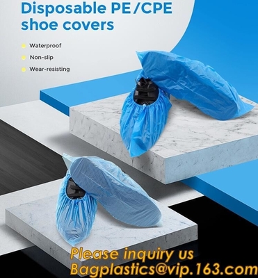 El zapato plástico médico disponible interior del equipo de los productos de la seguridad cubre el material impermeable del CPE del PE, zapato azul del material del PE