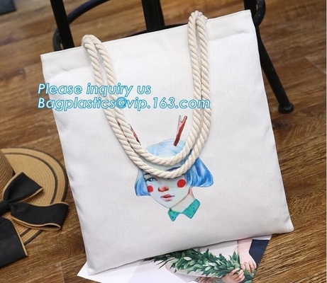 Venta al por mayor de encargo de la bolsa de asas de la lona de la impresión de la manija de la cuerda de las mujeres de la bolsa de asas de la playa, la bolsa de asas en blanco llana barata de la lona promocional