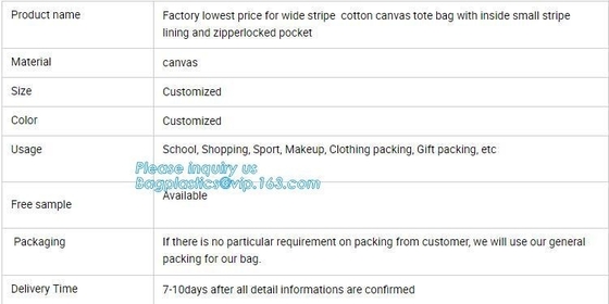 el precio bajo de la fábrica para la bolsa de asas ancha de la lona de Oxford de la lona de algodón de la raya con la pequeñas guarnición de la raya y cerradura interiores del ziper