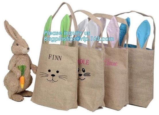 totalizador de pascua de la arpillera, bolso de compras del yute del niño del oído del conejito con las manijas de cuero, bolso del cambray, bolso de compras de encargo del totalizador del yute del logotipo