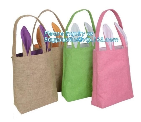 totalizador de pascua de la arpillera, bolso de compras del yute del niño del oído del conejito con las manijas de cuero, bolso del cambray, bolso de compras de encargo del totalizador del yute del logotipo