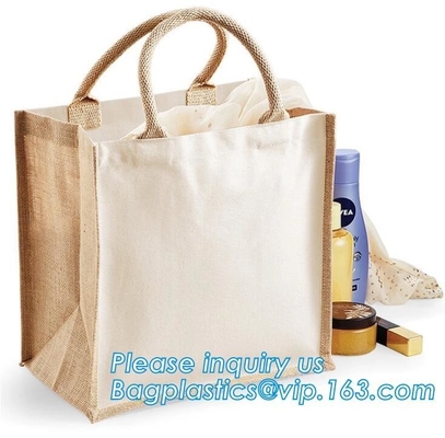 La arpillera natural Tote Shopping Bags Reusable Jute empaqueta con el escudete lleno con las manijas laminó el paquete interior del comprador del totalizador