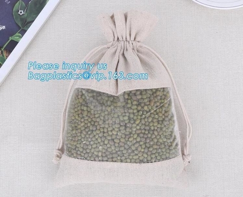 bolso de lazo de empaquetado de encargo del cáñamo del algodón del bolso del paño de la haba de mung con la ventana de la malla del plástico transparente, bolso de lazo del yute para G