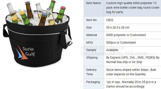 poliéster de alta calidad de encargo 600d bolso más fresco redondo para el partido, empaquetando, bagplastics pac del bolso del refrigerador de la botella de vino de 12 paquetes