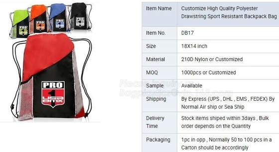 poliéster promocional de la calidad de la extremidad de la mochila del lazo del gimnasio, mochila, bolso resistente de la mochila del deporte, bolso del zapato del cierre de la secuencia