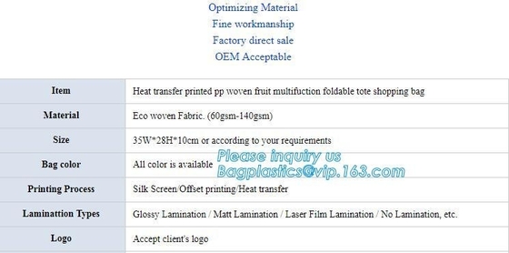 la transferencia de calor imprimió los bolsos de compras plegables tejidos los pp del totalizador del multifuction de la fruta, tela tejida 60gsm-140gsm del eco, optimizando