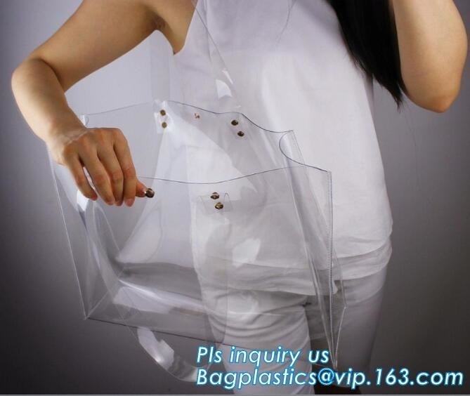 el PE de la manija del remiendo cortó bolsos de plástico transparente con tintas grandes con su propio logotipo, la bolsa de asas del pvc con la mano de cuero del PVC de la bolsa de asas de las manijas