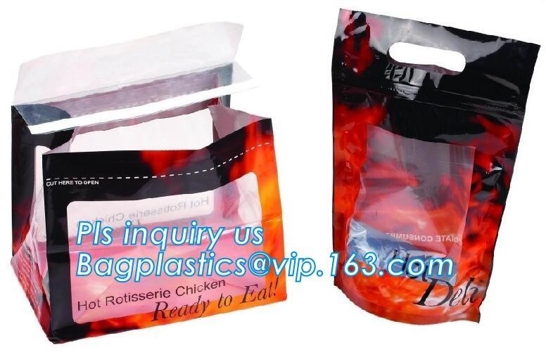 Coloqúese encima de bolsos de empaquetado del pollo asado con la carne asada caliente del cierre superior de cremallera, bolso del pollo del rotisserie, bolso microwaveable, plástico de la diapositiva