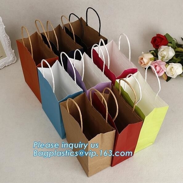 bolsa de papel marrón del regalo del portador de Kraft con la manija torcida, bolsa de papel elegante con la impresión negra del logotipo, paquete del bagease