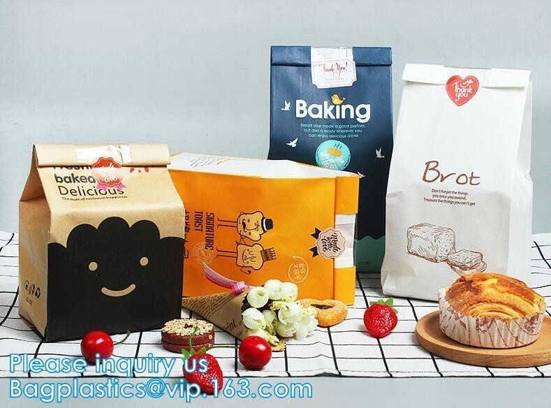 El PE impreso de encargo cubrió el blanco/de papel de Brown Kraft, bocadillo/pan/bolsa de papel de la galleta, soporte para llevar encima del bolso del pan del papel de Kraft