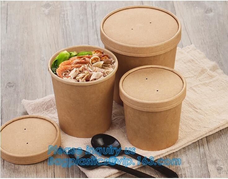 tazas de la sopa del papel con la taza caliente de papel de Kraft de la sopa de las tapas de papel, taza disponible de la sopa del papel de Kraft con la tapa de papel, paquete del bagease
