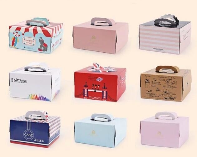 Caja de regalo de empaquetado del papel de la comida del envase de la torta de la caja de torta con la caja de cartón de la manija, cartulina de papel modificada para requisitos particulares barata Birthda