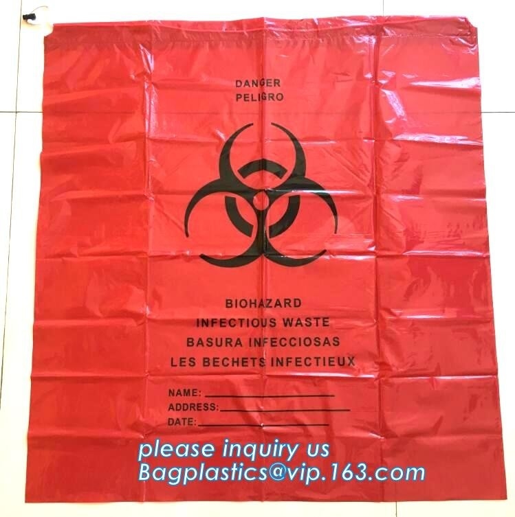 Amarillo con el bolso de basura plástico del lazo del logotipo negro del biohazard, bolso de basura útil de alta calidad con el lazo, BAGEASE